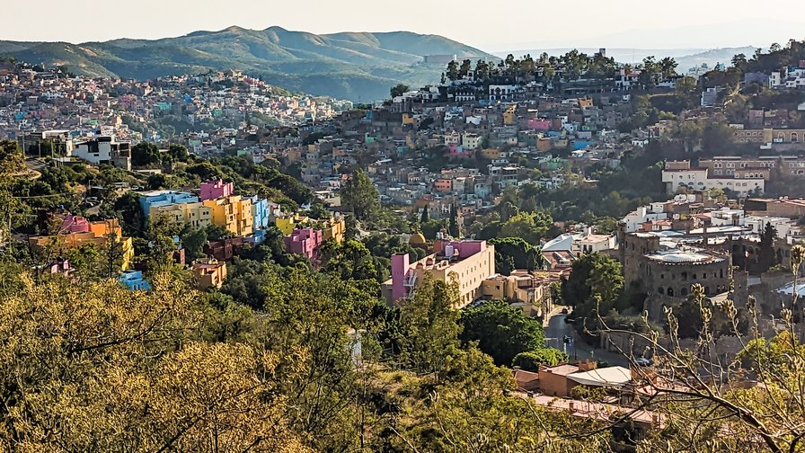 Hotel Ex-Hacienda San Javier (center) and Hotel Castillo de Santa Cecilia (right) from the north