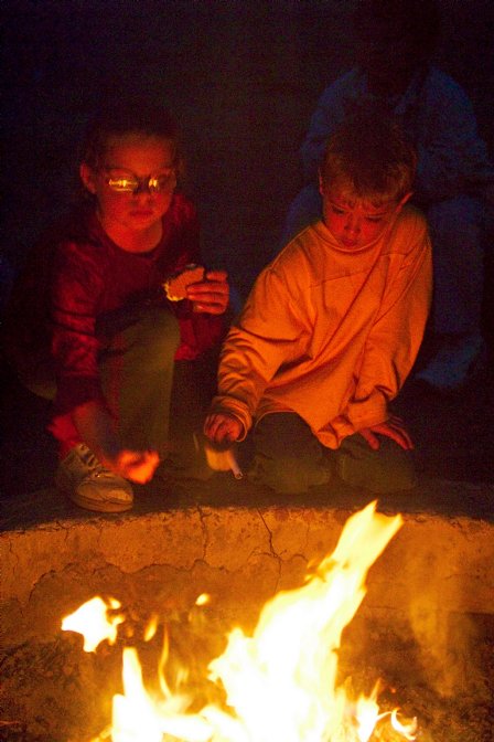 Roasting marshmallows and eating s'mores