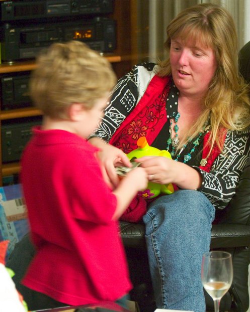 Timothy gets some help with his new piggy bank