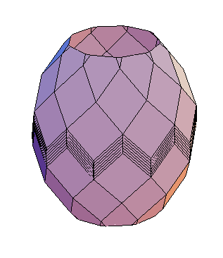 Egg-shaped zonotope with large quadrilateral faces and a zigzag
equator formed by thin quadrilaterals.