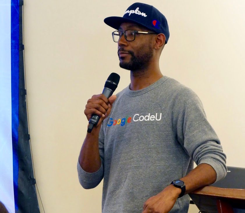 Anthony Mays speaks to students at the Compton Tech Challenge, a hackathon focused on mental health and trauma.