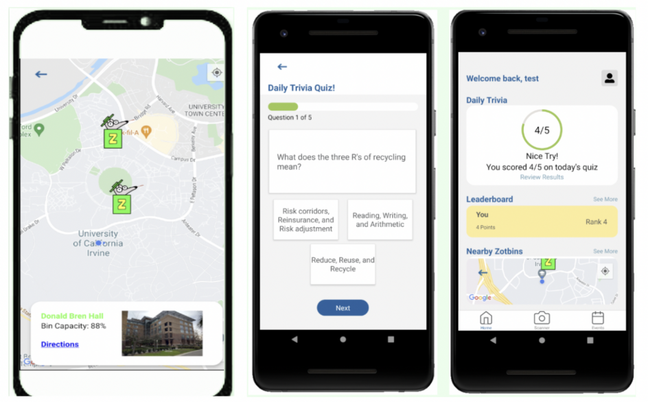 Design of the ZotBin locator map (left) and daily trivia quiz (middle and right) for the ZotZero app, coming later this year.