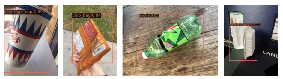 Some successful detection cases for the ZotBins waste recognition team: a beverage cup, chip bag, soda bottle, and clamshell container box.