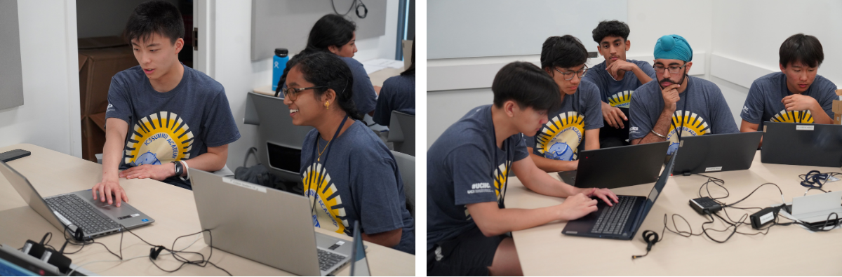 Two students working together at a desk with two laptops. Five students working together at a table with four laptops.
