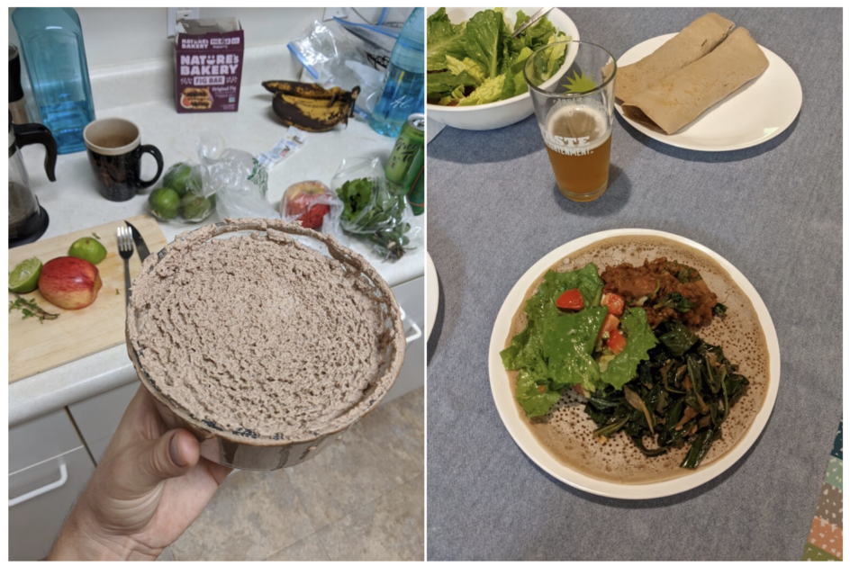 A screenshot of two images. The first is of injera flatbread uncooked on a pan. The second is of the injera flatbread served on a plate with veggies on top.