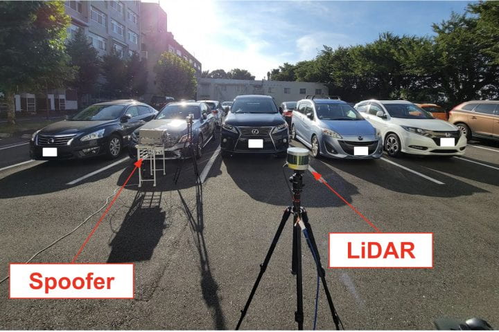 A row of six cars in a parking lot, facing equipment labeled "spoofer" and "LiDAR"