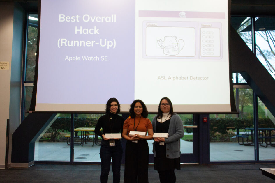 Three women standing in front of a projector screen with Best Overall Hack (Runner-Up): ASL Alphabet Detector shown.