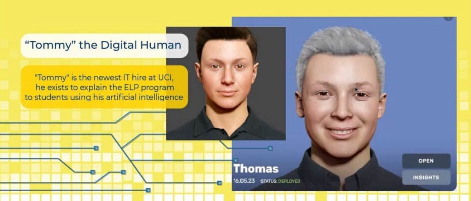 Two photos of "Tommy" the Digital Human. "Tommy" is the newest IT hire at UCI, he exists to explain the ELP program to students using his artificial intelligence. 
