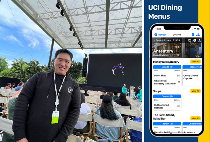 Left photo: Lu standing in an outdoor auditorium, with a name badge around his neck and the Apple logo on a large screen in the background. Right photo: A screenshot of the ZotMeal app, showing food options at the Anteatery.