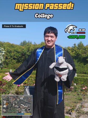 Lu stands in his graduation gown, holding an anteater stuffed animal, with "Mission Passed" at the top.