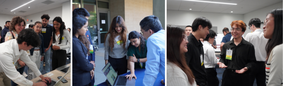 Three photos of students sharing their work and talking with faculty or industry reps.