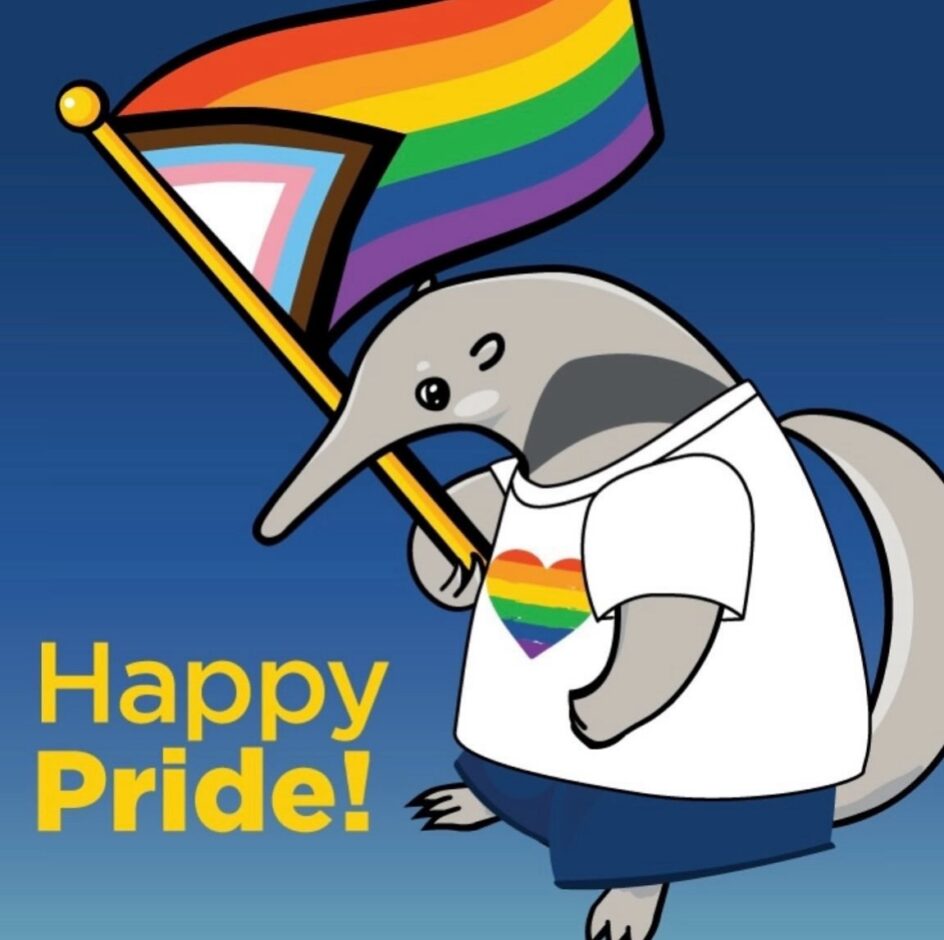 Peter the Anteater holding a Pride flag. Happy Pride!