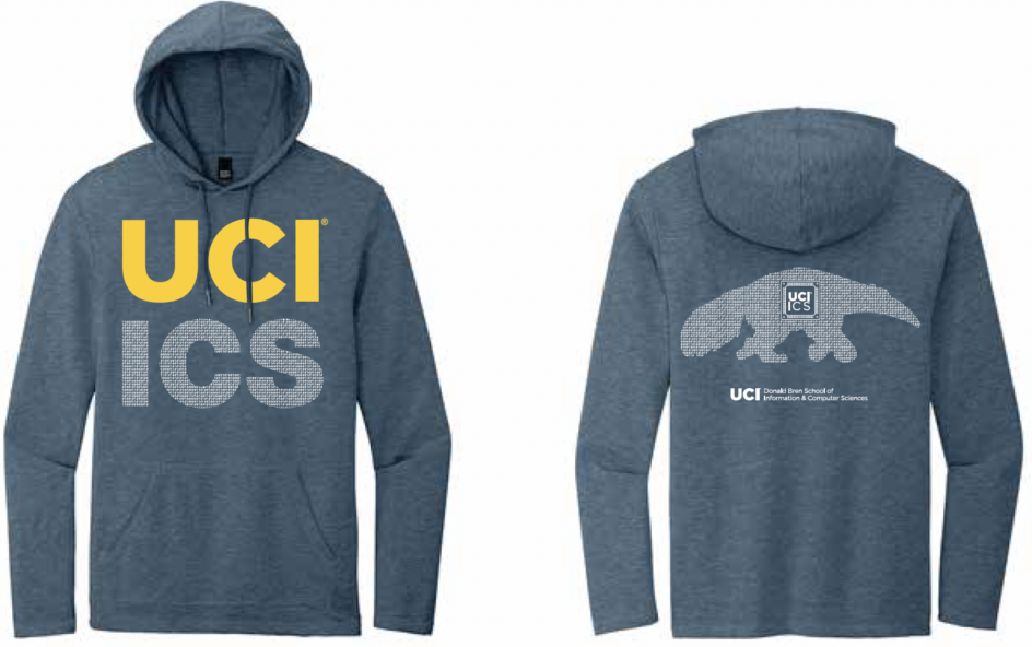 Front of hoodie has UCI ICS and back of hoodie has an anteater