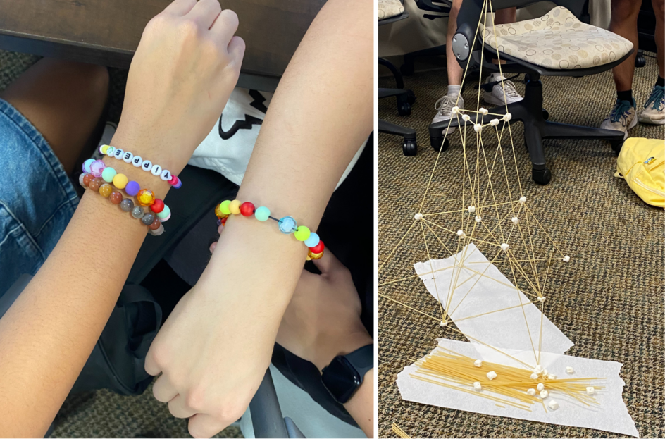 Two wrists with beaded friendship bracelets, and a tower made of pasta and marshmallows