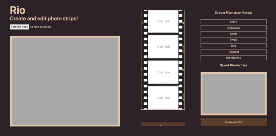 The Rio app for creating digital photo-strips photo strips. The app has a file upload area, filmstrip preview, and filters menu.