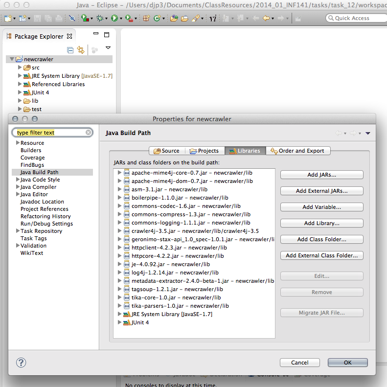 Screen shot of the project set up
