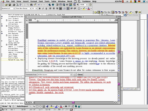 The screen shows a Macintosh user interface with two open Microsoft Word windows that contain text that has been edited and is marked by red font and yellow in the background