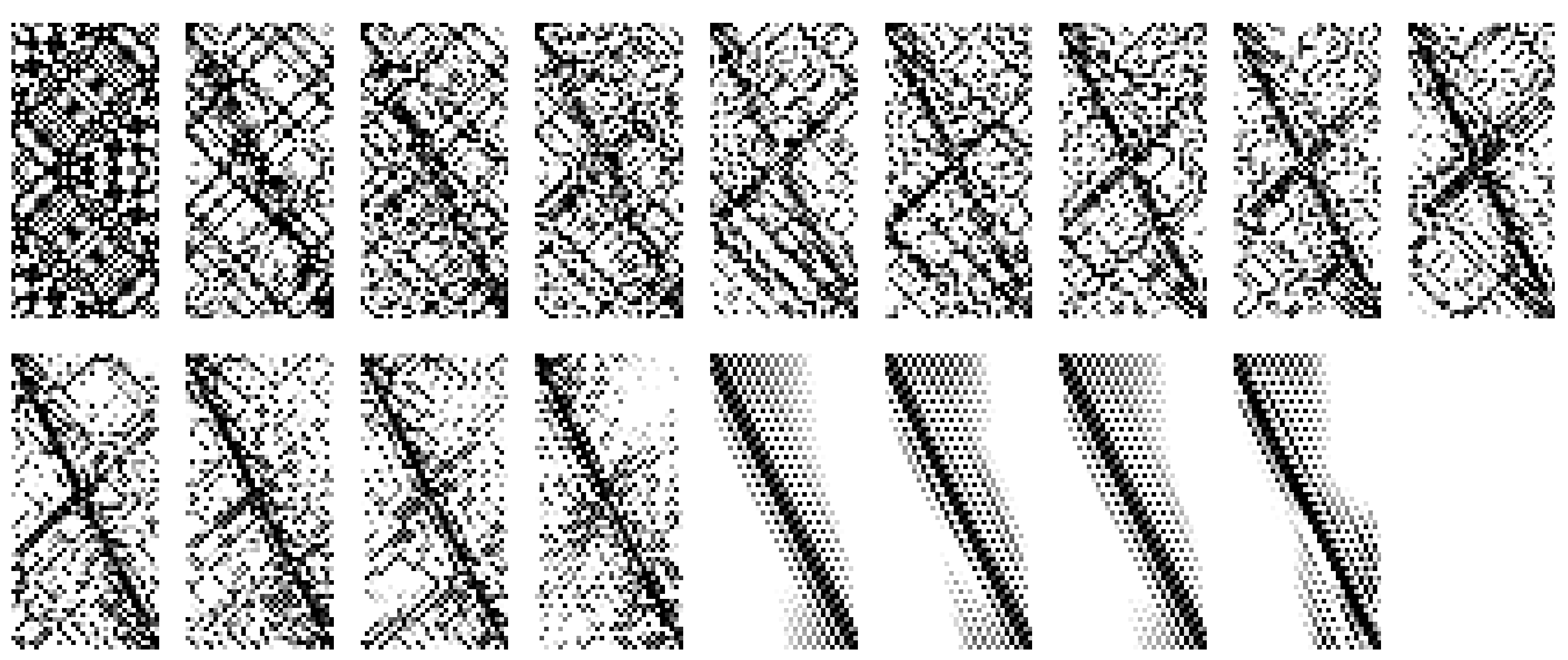 Figure 1: Several solutions of our objective function found by PyManOpt as s, the relative weight of the two terms of our objective function, is tuned from 0 (fully diffuse, top left) to 1 (fully local, bottom right). Within each subplot, grayscale indicates the magnitude of matrix entries. Note that the P matrices found with s=0 do not appear to be structured in a way which respects the locality of the original graphs, whereas the matrices with s=1 do.